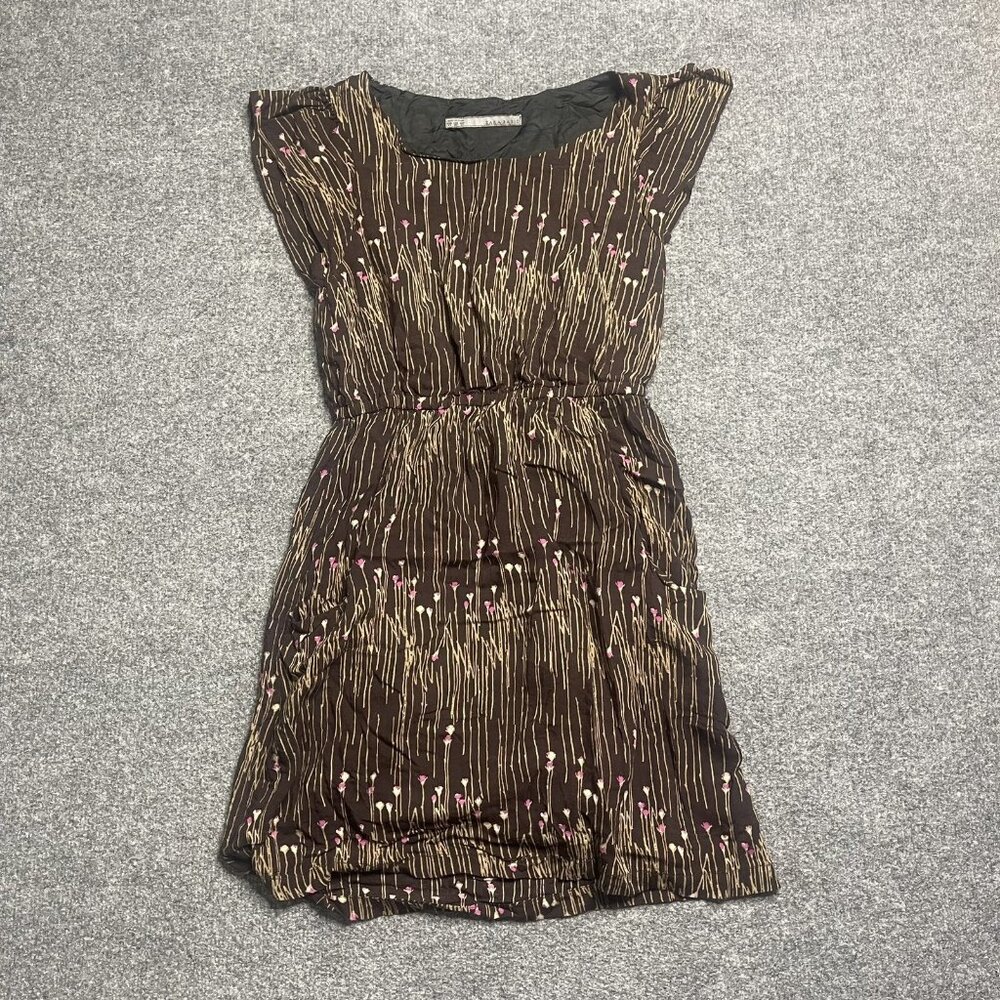 Zara Brown Dress XS Cap Sleeve Pink Empire Waist Flower Print Made in Spain